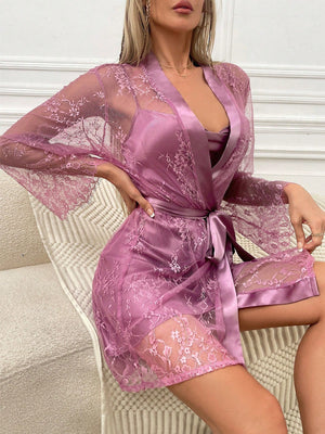 Satin Cami Nightdress & Contrast Lace Robe PJ Set - Negative Apparel