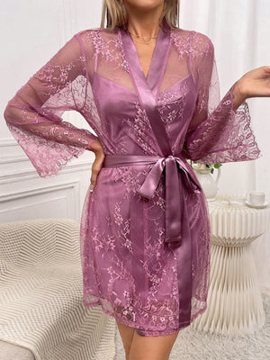 Satin Cami Nightdress & Contrast Lace Robe PJ Set - Negative Apparel