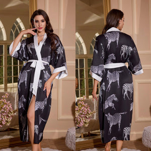satin large size nightgown women's seven - quarter sleeve loose pajamas women's spring and autumn loungewear set WP3430 - Negative Apparel