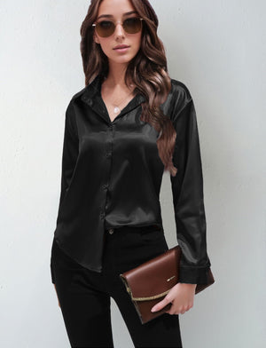 Satin shirt women's imitation silk long sleeve solid color tops elegant button front lapel shirt - Negative Apparel