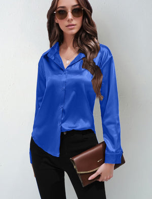 Satin shirt women's imitation silk long sleeve solid color tops elegant button front lapel shirt - Negative Apparel