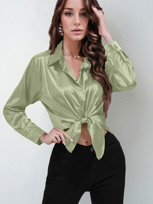 Satin shirt women's imitation silk long sleeve solid color tops elegant button front lapel shirt - Negative Apparel