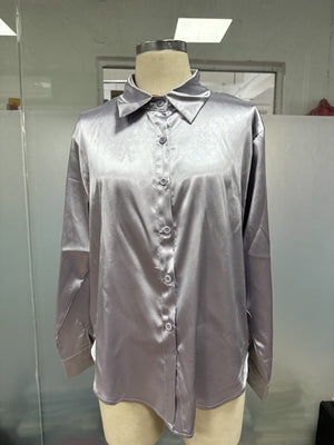 Satin shirt women's imitation silk long sleeve solid color tops elegant button front lapel shirt - Negative Apparel