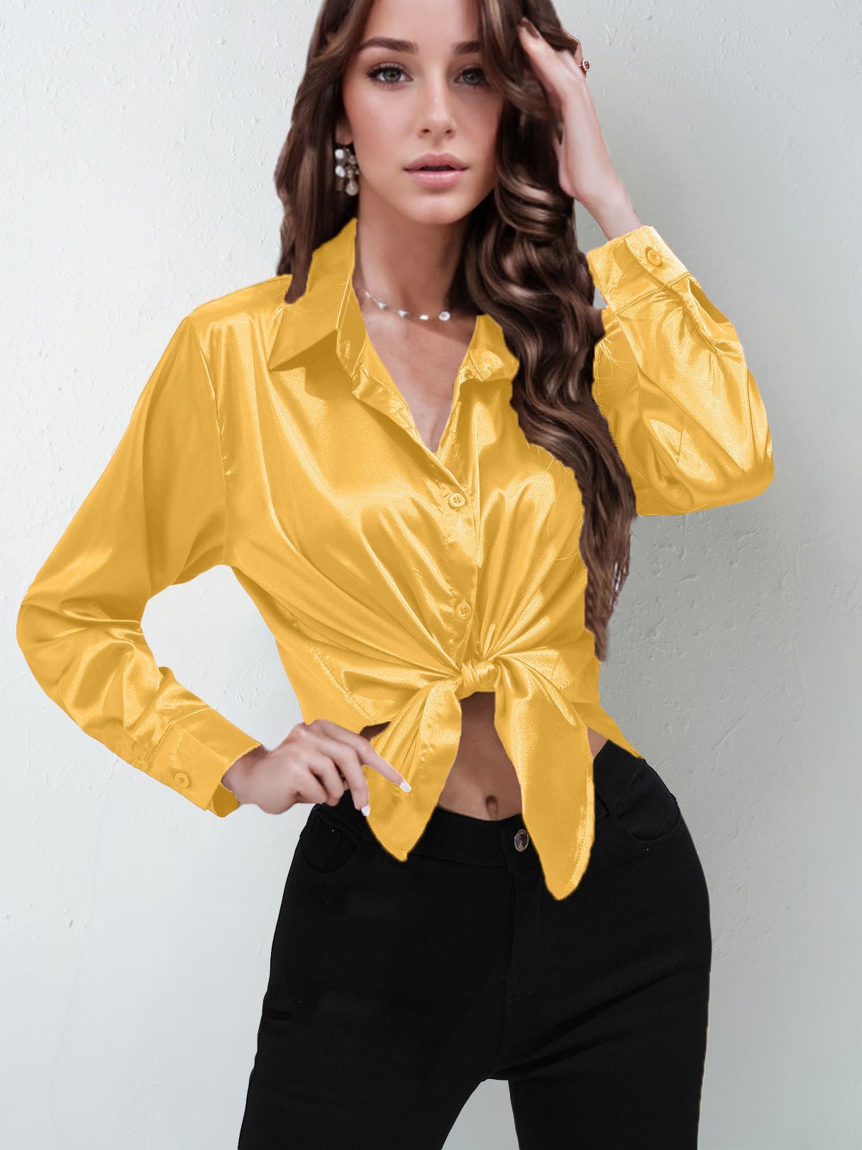 Satin shirt women's imitation silk long sleeve solid color tops elegant button front lapel shirt - Negative Apparel