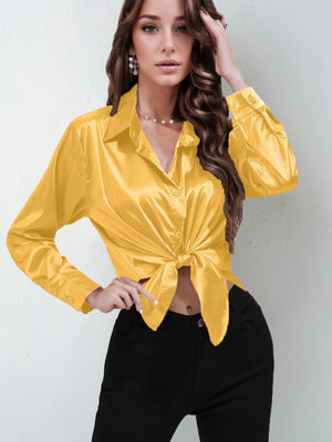 Satin shirt women's imitation silk long sleeve solid color tops elegant button front lapel shirt - Negative Apparel