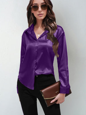 Satin shirt women's imitation silk long sleeve solid color tops elegant button front lapel shirt - Negative Apparel