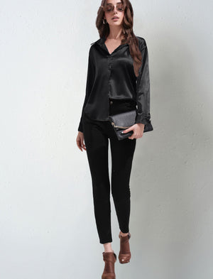 Satin shirt women's imitation silk long sleeve solid color tops elegant button front lapel shirt - Negative Apparel