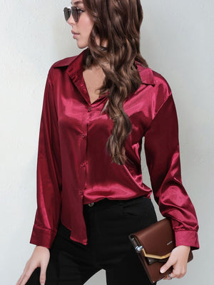 Satin shirt women's imitation silk long sleeve solid color tops elegant button front lapel shirt - Negative Apparel