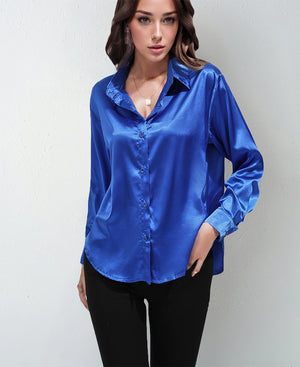 Satin shirt women's imitation silk long sleeve solid color tops elegant button front lapel shirt - Negative Apparel