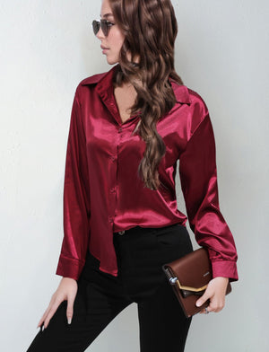 Satin shirt women's imitation silk long sleeve solid color tops elegant button front lapel shirt - Negative Apparel