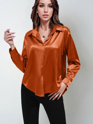 Satin shirt women's imitation silk long sleeve solid color tops elegant button front lapel shirt - Negative Apparel