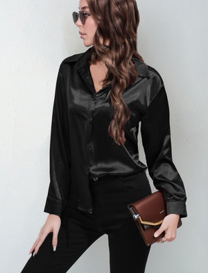 Satin shirt women's imitation silk long sleeve solid color tops elegant button front lapel shirt - Negative Apparel
