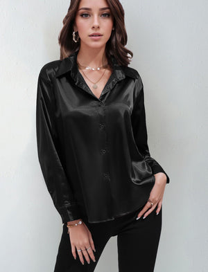 Satin shirt women's imitation silk long sleeve solid color tops elegant button front lapel shirt - Negative Apparel