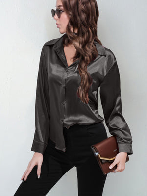 Satin shirt women's imitation silk long sleeve solid color tops elegant button front lapel shirt - Negative Apparel