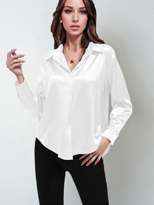 Satin shirt women's imitation silk long sleeve solid color tops elegant button front lapel shirt - Negative Apparel