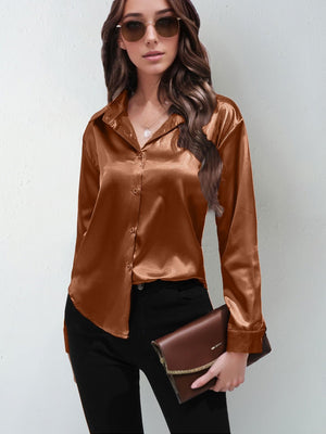 Satin shirt women's imitation silk long sleeve solid color tops elegant button front lapel shirt - Negative Apparel