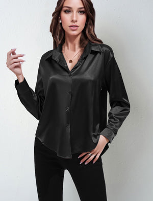 Satin shirt women's imitation silk long sleeve solid color tops elegant button front lapel shirt - Negative Apparel