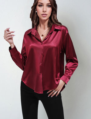 Satin shirt women's imitation silk long sleeve solid color tops elegant button front lapel shirt - Negative Apparel