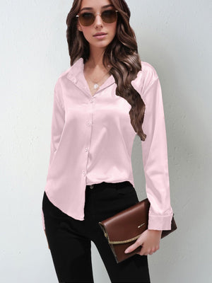 Satin shirt women's imitation silk long sleeve solid color tops elegant button front lapel shirt - Negative Apparel