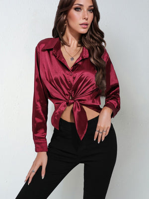 Satin shirt women's imitation silk long sleeve solid color tops elegant button front lapel shirt - Negative Apparel