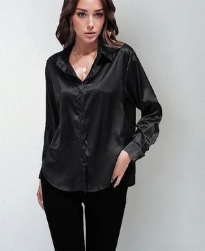 Satin shirt women's imitation silk long sleeve solid color tops elegant button front lapel shirt - Negative Apparel