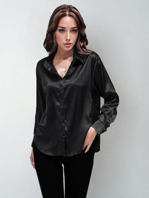 Satin shirt women's imitation silk long sleeve solid color tops elegant button front lapel shirt - Negative Apparel