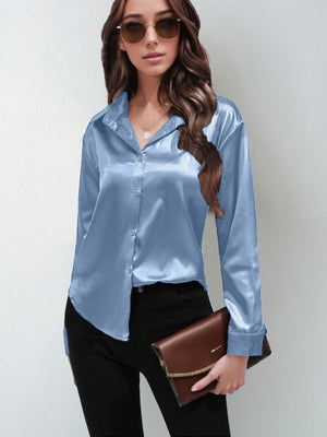 Satin shirt women's imitation silk long sleeve solid color tops elegant button front lapel shirt - Negative Apparel