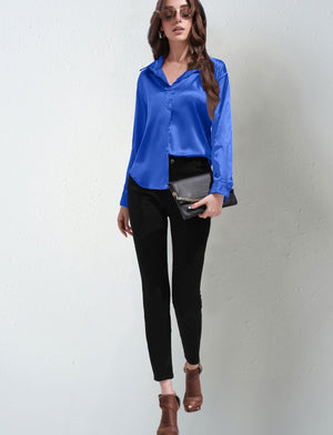 Satin shirt women's imitation silk long sleeve solid color tops elegant button front lapel shirt - Negative Apparel