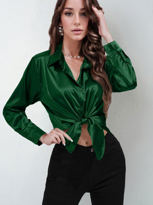 Satin shirt women's imitation silk long sleeve solid color tops elegant button front lapel shirt - Negative Apparel