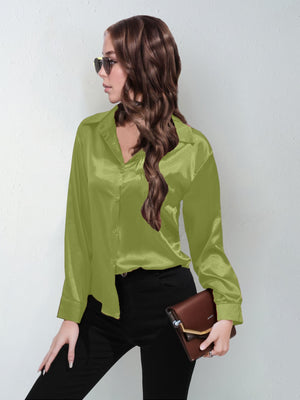 Satin shirt women's imitation silk long sleeve solid color tops elegant button front lapel shirt - Negative Apparel