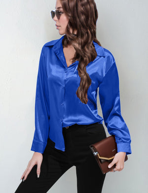 Satin shirt women's imitation silk long sleeve solid color tops elegant button front lapel shirt - Negative Apparel