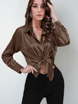 Satin shirt women's imitation silk long sleeve solid color tops elegant button front lapel shirt - Negative Apparel