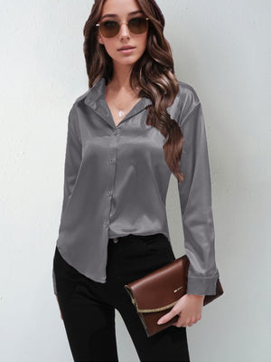 Satin shirt women's imitation silk long sleeve solid color tops elegant button front lapel shirt - Negative Apparel
