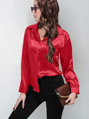 Satin shirt women's imitation silk long sleeve solid color tops elegant button front lapel shirt - Negative Apparel