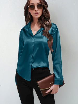 Satin shirt women's imitation silk long sleeve solid color tops elegant button front lapel shirt - Negative Apparel