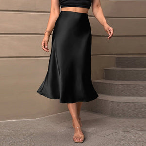 Satin silk skirt 2025 spring and summer elegant style polyester medium length A - shaped skirt - Negative Apparel