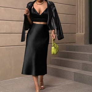 Satin silk skirt 2025 spring and summer elegant style polyester medium length A - shaped skirt - Negative Apparel