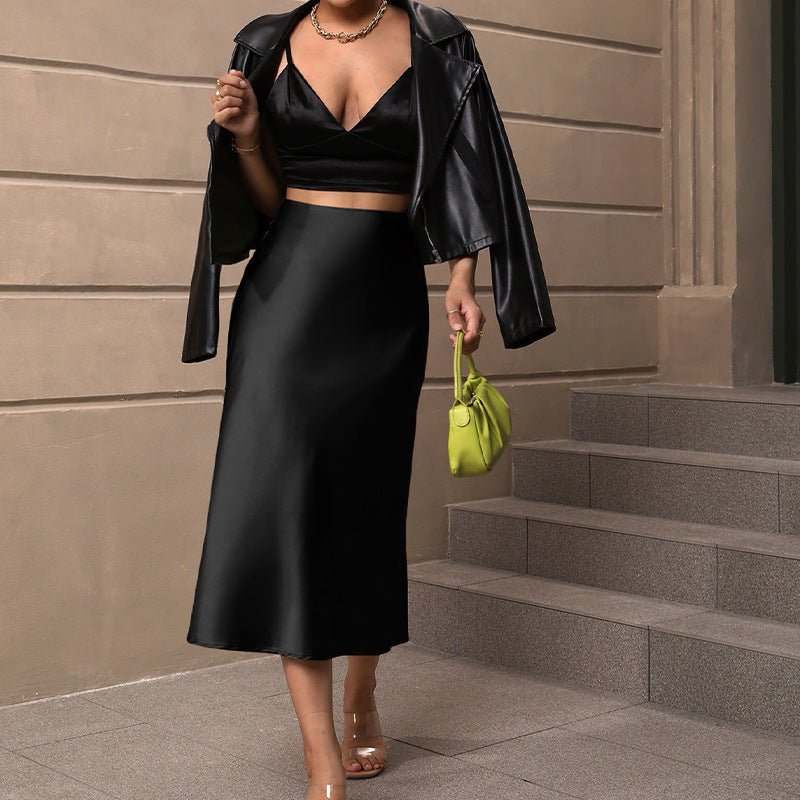 Satin silk skirt 2025 spring and summer elegant style polyester medium length A - shaped skirt - Negative Apparel