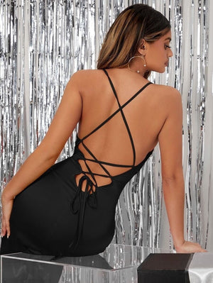 Satin suspender dress slit lace sxy mid - length dress - Negative Apparel