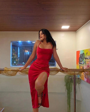 Satin suspender dress slit lace sxy mid - length dress - Negative Apparel