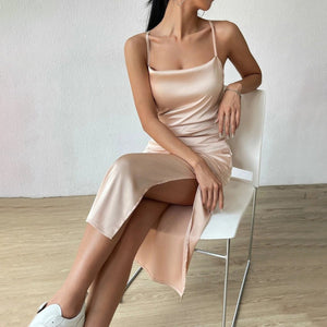 Satin suspender dress summer slit medium - length satin A - line skirt high - end dress - Negative Apparel
