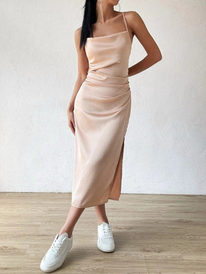 Satin suspender dress summer slit medium - length satin A - line skirt high - end dress - Negative Apparel