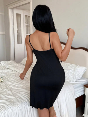 Seduluxe Women Solid Color Fashionable Lace Trim Slit Slip Dress FD - Negative Apparel