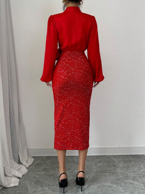 Selianne V - Neck Foil Patchwork Tied Waist Women Elegant Bodycon Dress For New Year Clothes Maxi Women Outfit Fall Cloth For Women FD - Negative Apparel