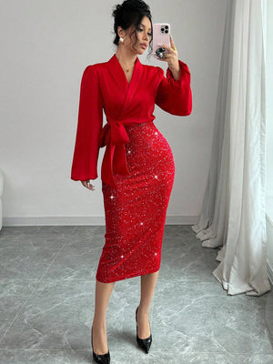 Selianne V - Neck Foil Patchwork Tied Waist Women Elegant Bodycon Dress For New Year Clothes Maxi Women Outfit Fall Cloth For Women FD - Negative Apparel