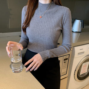 Semi - turtleneck bottoming shirt women's inner thin autumn and winter new foreign style short sweater long - sleeved knitted sweater middle collar top - Negative Apparel