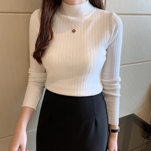 Semi - turtleneck bottoming shirt women's inner thin autumn and winter new foreign style short sweater long - sleeved knitted sweater middle collar top - Negative Apparel