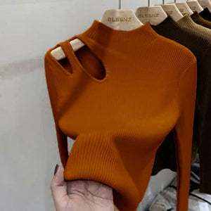 Semi - turtleneck hollow knitted bottoming shirt women's autumn and winter new sexy tight - fitting clothes high - end top - Negative Apparel