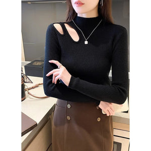 Semi - turtleneck hollow knitted bottoming shirt women's autumn and winter new sexy tight - fitting clothes high - end top - Negative Apparel