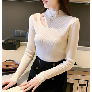 Semi - turtleneck hollow knitted bottoming shirt women's autumn and winter new sexy tight - fitting clothes high - end top - Negative Apparel